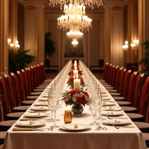 Elegant gedeckter Tisch bei einem Firmengala-Dinner in einem Wiener Palais.