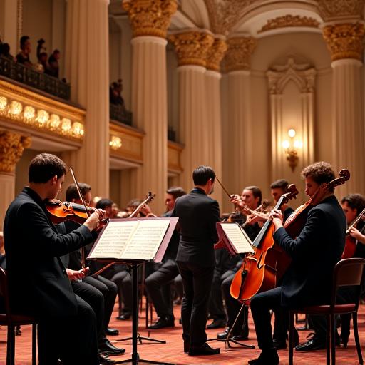 Musiker spielen klassische Musik in einem opulenten Konzertsaal.