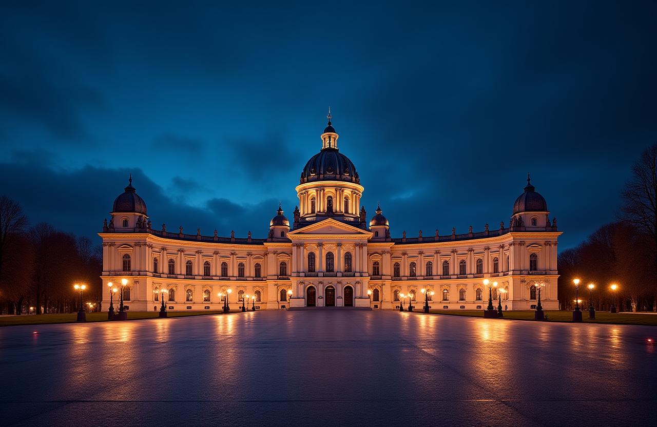 Die Wiener Hofburg bei Nacht, stimmungsvoll beleuchtet.